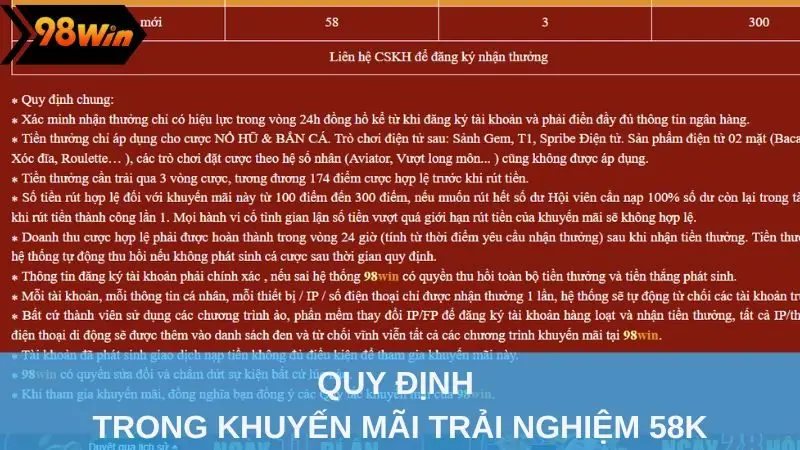 Quy định trong khuyến mãi trải nghiệm 58K